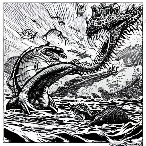 Prompt: line art: sea monster fighting a dinosaur.  Sea monster dominating the fight.