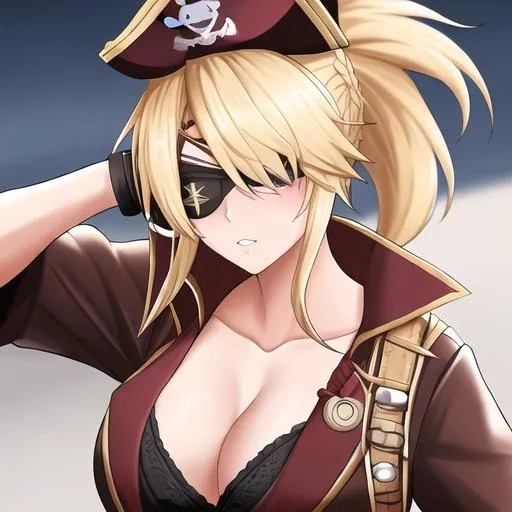 Prompt: Female pirate, (blonde hair pulled back into a ponytail) ,UHD, 8K, insane detail, best quality, high quality,  pirate, eye patch, fierce, friendly, pirate hat, highly detailed
