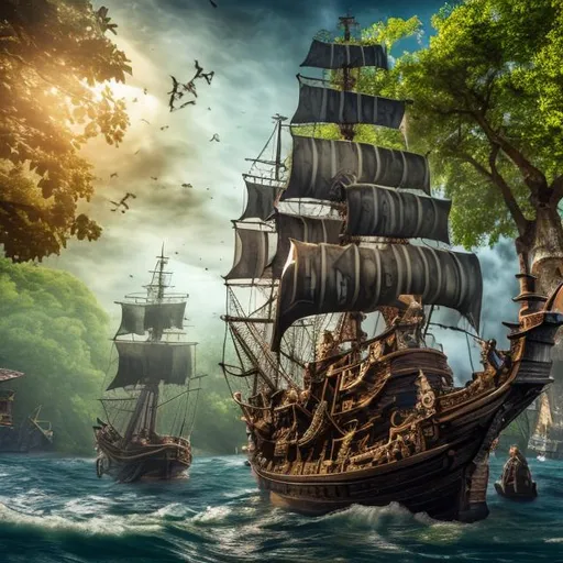 Prompt: 1600s style european pirate ship in  the harbor dark wood village in  a lush green forest with beautiful trees, nice daylight, nice weather light blue sky waves high resolution 4k