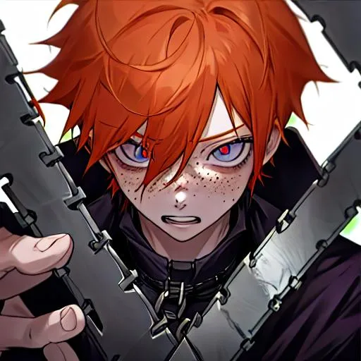 Prompt: Erikku male adult (short ginger hair, freckles, right eye blue left eye purple) 8K, Highly detailed, insane detail, best quality, high quality, holding a chain saw