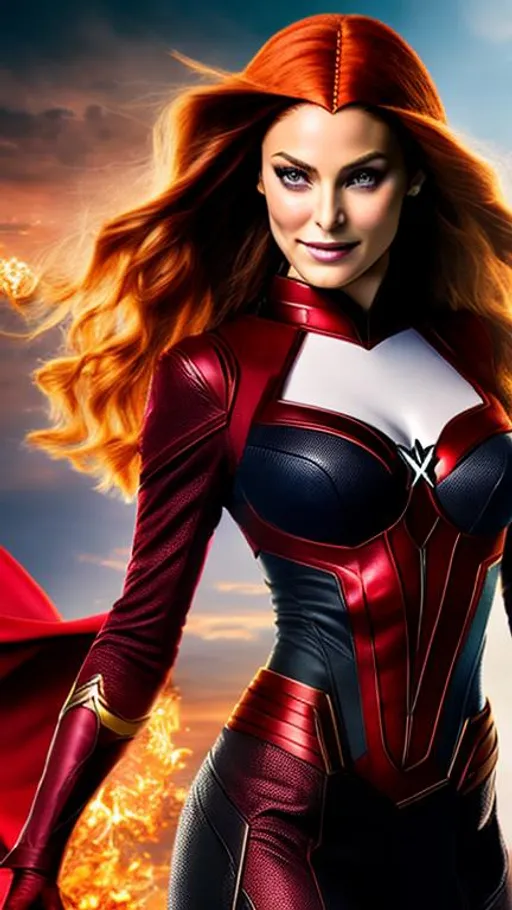 Prompt: High-resolution hyperrealistic photo of x-man jean grey merged with the scarlet witch, scarlet and gold costume, uhd, hdr, 64k