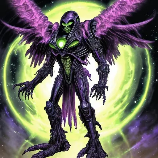 Prompt: alien god of hate with a cibernetic cannon in his left arm with wings and halo in a corrupted vortex in space