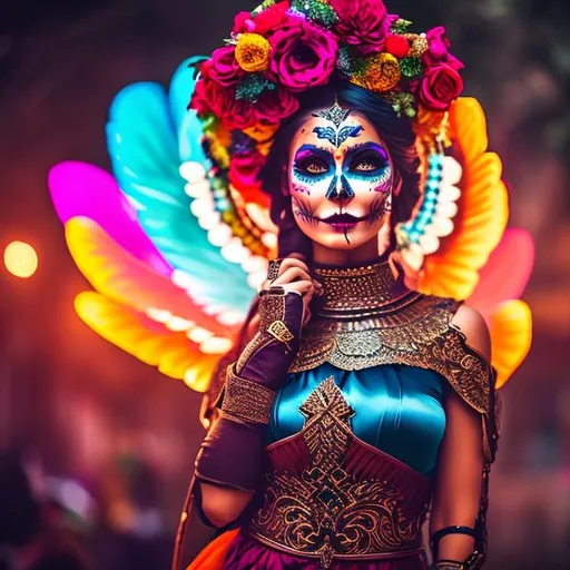 Prompt: overhead lighting, vivid colors, Detailed Illustration. Third-person, An Attractive Woman, knight armor. stylish makeup, face paint {dias de los Muertos}, wearing a flower wreath. dynamic pose,