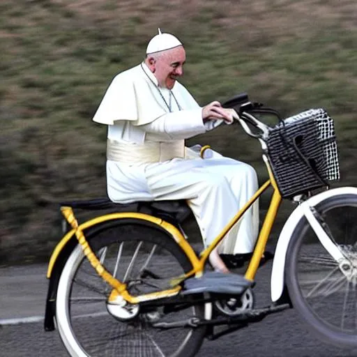 Prompt: pope francis riding a bike

