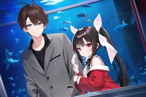 Prompt: (masterpiece, best quality:1.2), illustration, absurdres, highres, extremely detailed, 1 petite girl, black long hair, pigtail, red eyes, eye highlights, red dress, and 1 young man, brown hair, grey jacket, blue eyes, (aquarium) , upper body, depth of field, (:d:0.8), chromatic aberration abuse, pastel color, Depth of field, blue tint,(blue fog:1.3), couple, dating