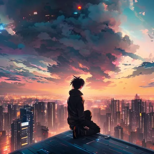 Prompt: insane, anime character with brown hair, smiling, city lights, cyberpunk, city in background, vibrant, looming demon, power, high definition, professional brush strokes, sat on roof top overlooking the city, smoke
  