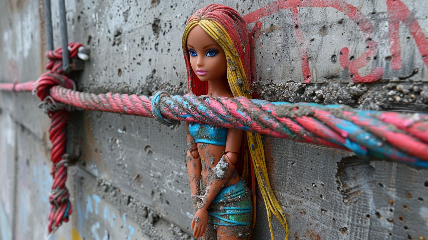 Prompt: high end pop surreal barbie duct-taped to a gray concrete wall