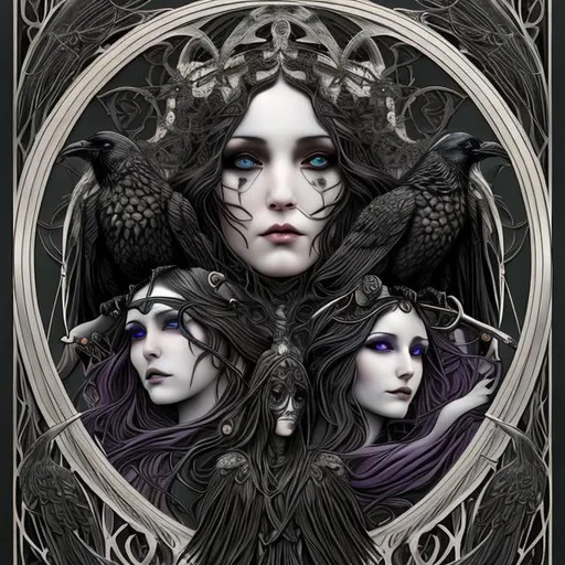 Prompt: ultra realistic goddess of death with two ravens on both sides
, art nouveau-digital art style