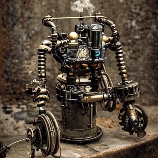 Prompt: The Steampunks: These robots have a rugged and industrial appearance, reflecting their reliance on fossil fuels and steam power. They have a sturdy frame with exposed gears, pistons, and pipes. Their metallic exteriors are often tarnished with a patina, giving them a weathered and aged look. Steampunk robots prioritize functionality and durability over aesthetics, with a utilitarian design suited for manual labor and heavy-duty tasks.
