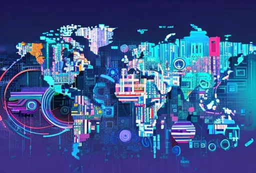 Prompt: Create a digital art piece that symbolizes the unity and collaboration fostered by technology and innovation among G20 nations. Incorporate imagery of interconnected devices, diverse individuals working together, and symbolic representations of each nation. Use a vibrant color palette and futuristic design elements to effectively convey the message.
