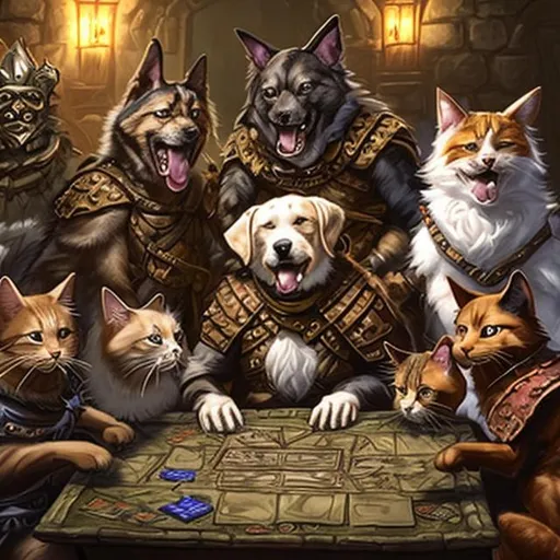 Prompt: Dogs and cats playing Dungeons and Dragons