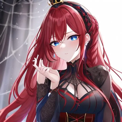 Prompt: Haley 1female (braided red hair pulled back, lively blue eyes), highly detailed face, 8K, UHD, a dark and enchanting ensemble with a flowing black gown, intricate spiderweb patterns, and a crown adorned with glistening spider motifs  posing for the camera, young adult