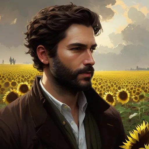 Prompt: Splash art portrait of ruggedly handsome dark brown haired man with short hair, with a light stubble, 30 years old, in a sunflower field, very dark brown eyes, victorian light clothes, elegant, highly detailed, intricate, smooth, sharp focus, artstation, digital painting, concept art, art by greg rutkowski, alphonse mucha and John William Waterhouse, light, romantic, happy, soft, gentle, golden, warm, summer