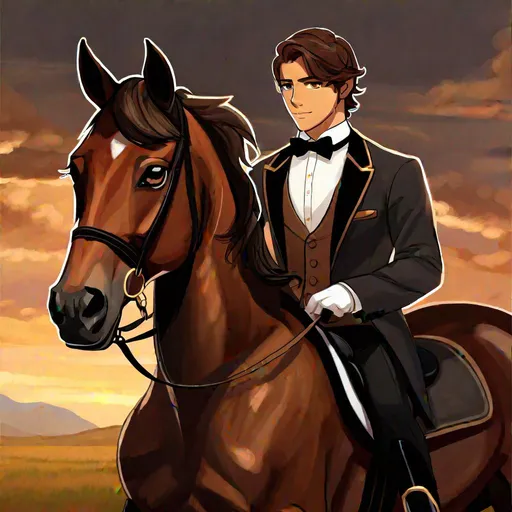 Prompt: Caleb  as a demon horse hybrid (brown hair) (brown eyes) wearing a tuxedo, full body, riding a horse