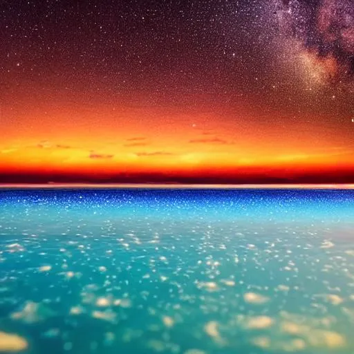 Prompt: The milky way reflecting on top of the light blue ocean with sandy beach in an Anime Style