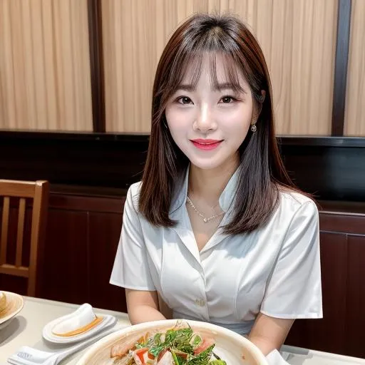 Prompt: HD photo of a Cute Korean woman in a 5 star gourmet Asian restaurant. Happy, Instagram photo, beautiful, Korean, k-beauty, makeup, lipstick, cutie, skinny