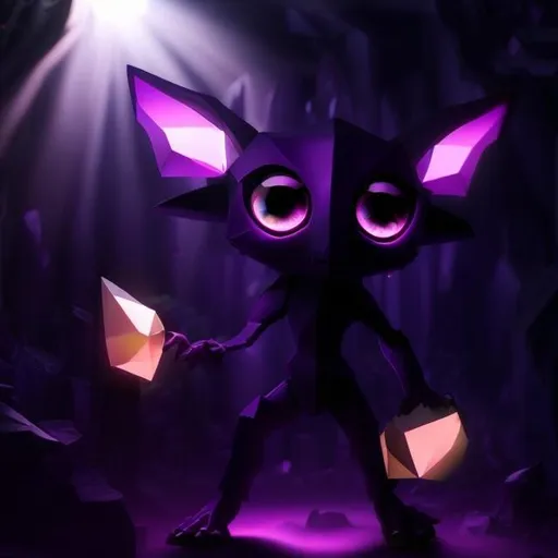 Prompt: Small purple humanoid figure, long pointy ears, large hexagon shaped gems for eyes, a large mouth with small pointy teeth, three fingers on each hand and three toes on each foot, short limbs, crouched stance, purples and blues, dim lighting, cave, spooky, goblin like, smooth skin, crystals, genderless, smokey
