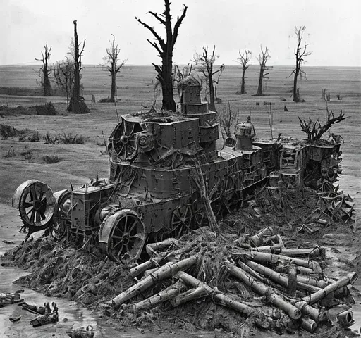 Prompt: A steampunk turret is mounted on top of A battered steampunk war carriage on the battlefields of ww1. barbed wire, trenches, dead soldiers and horses litter the muddy and destroyed terrain. Burned tree stumps smoilder in the background.