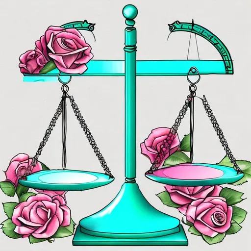 Prompt: Balance Scales with roses intertwined sketch turquoise 