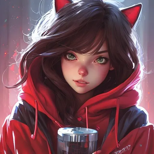 Prompt: body portrait of a cat girl wearing red Hoodie and black shorts, smooth soft skin, brown medium hair, big dreamy eyes, by makoto shinkai, stanley artgerm lau, wlop, rossdraws, looking into camera, soft lighting, concept art, digital painting, symmetrical 