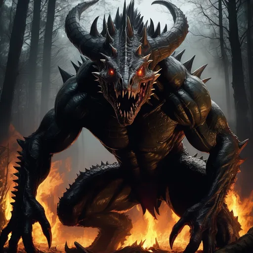 Prompt: Muscular monster with bony carapace, spiked spine, long thick tail like a crocodile, marvel character abomination, sharp teeth, two long horns, glowing eyes, human facial features, spiked elbows, in the woods with fire, highres, ultra-detailed, horror, dark tones, menacing lighting