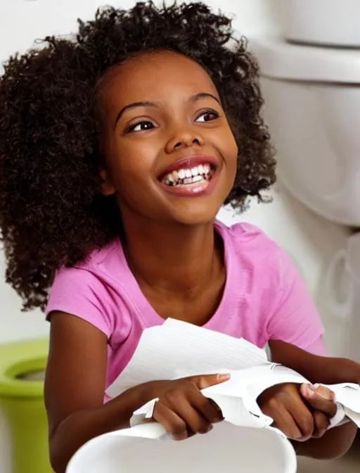 Prompt: Happy African American girl looking through a toilet paper roll 