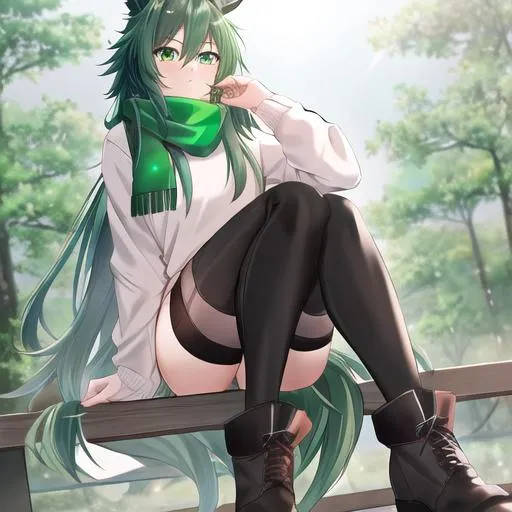 Prompt: Male. masculine build. human animatronic hybrid, with focused emerald eyes. Emerald colored feathery PEGASUS tail. Short dark Green ombre hair. horse ears. adult He wears grey comfy leggings, a white oversized sweater, brown boots. And a green scarf. Anime style. UHD, HD, 4K. In the forest.