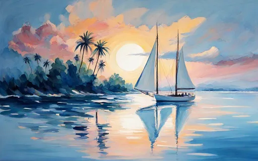 Prompt: modern abstract gouache painting, pale blue and white pastel colors, modern white schooner in a tropical blue lagoon at sunset 