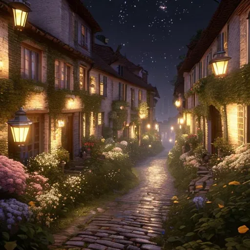 Prompt: Hyper realistic, 4k, unreal engine 5, midjourney ai, crisp focus, magical fairytale village of stone and brick builings overgrown with flowers and ivy, warm cozy lanterns and street lamps light the cobblestone street as the night sky sparkles with stars above