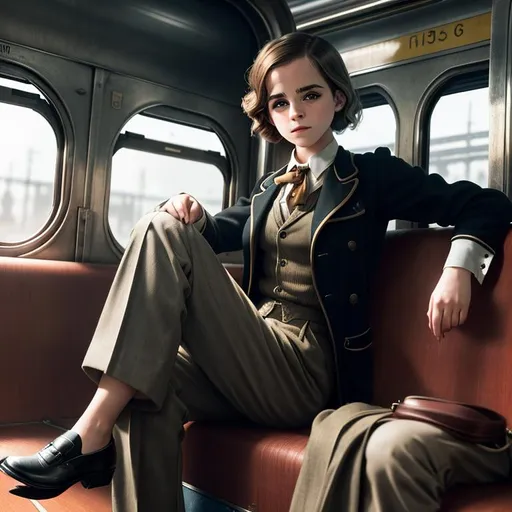 Prompt: old time photo of young emma Watson, dressed with 1920s hair, mens pants, sitting on train, raw photo, photorealistic, High Detail, dramatic, UHD, HDR raw photo, realistic, sharp focus, 8K high definition, insanely detailed, intricate, high quality, 