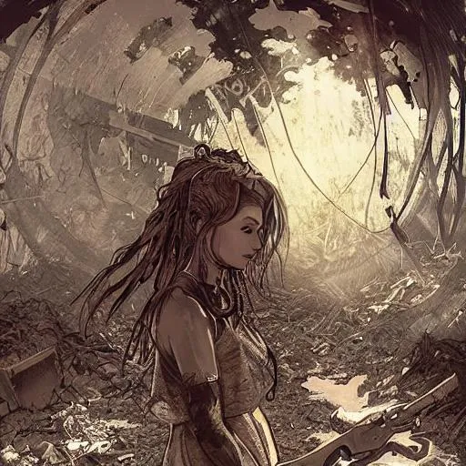 Prompt: SamDoesArt, Naomi Scott, angular face, detailed face, dirty environment, wasteland, dirt, mud, ruined buildings, post-apocalyptic setting, attractive, HDRI, masterpiece, smooth, sharp focus, illustration, golden ratio, art by alphonse mucha and kentaro miura