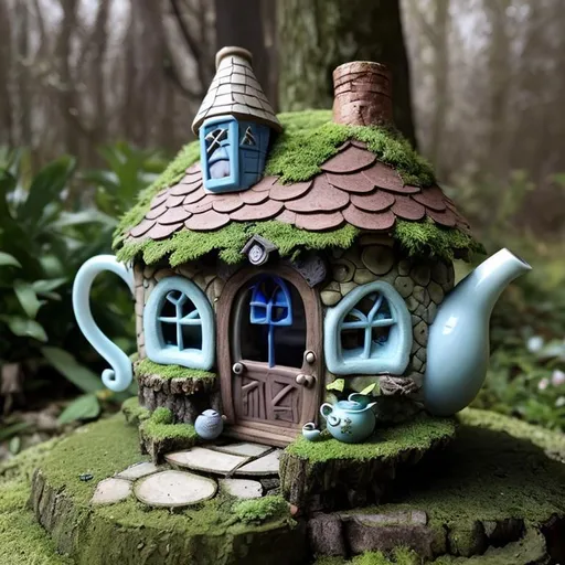 Prompt: A fairy cottage made of a  chipped teapot
