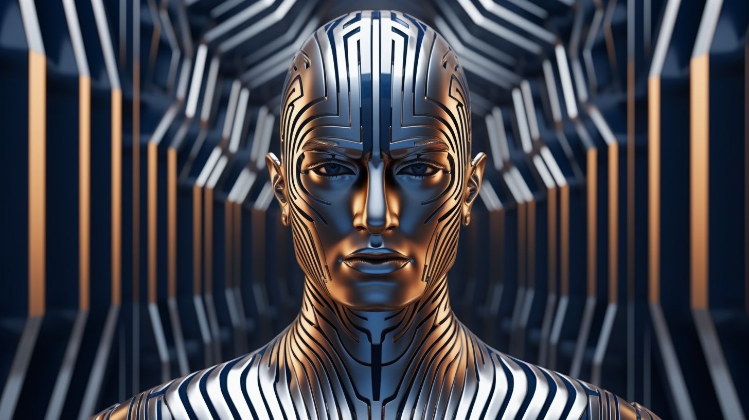 Prompt: the head and shoulders of a metallic man, in the style of futurism influence, 8k 3d, stripes and shapes, machine aesthetics, exaggerated facial features, captivating gaze, idealized beauty in wide ratio