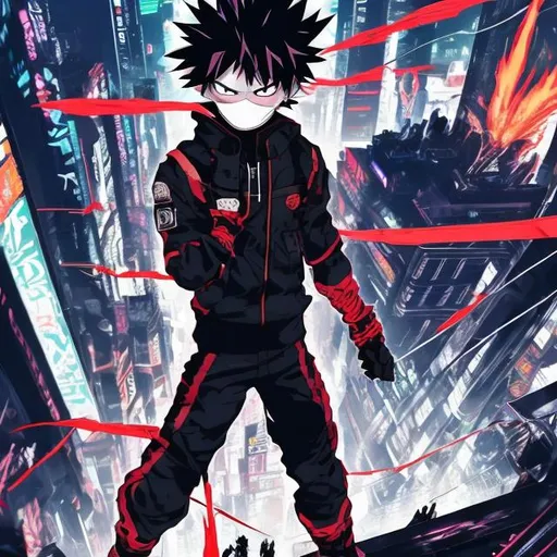 Prompt: Black and neon accents. Accurate my hero academia uniform. Todoroki Shoto masked as villain. Casting fire and ice. Very Dark image with lots of shadows. Background partially destroyed neo Tokyo. Noir anime. Gritty. Dirty. Visceral.