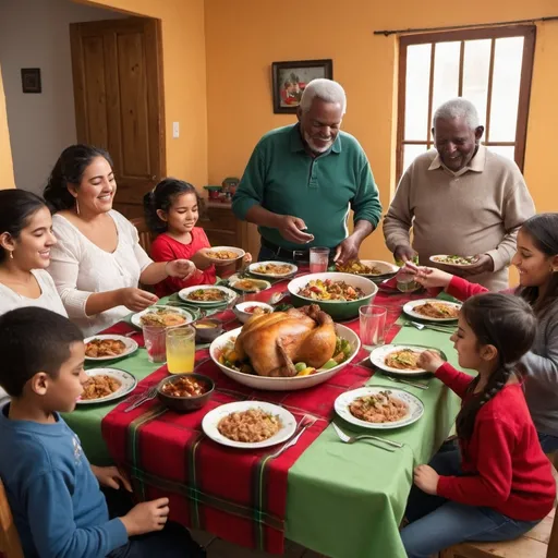 Prompt: an extended traditional Mexican family with 8 members, two of them older adults and 2 young people, as well as 2 preschoolers, inside a partition house with natural light. who are enjoying a Christmas dinner in the company of music from the radio and eating a roast chicken with Jamaican water.