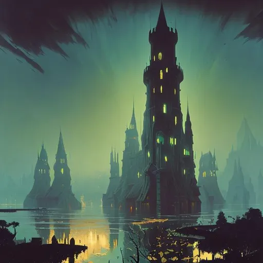 Prompt: "a high contrast painting of a flooded ancient tower at night by ralph mcquarrie simon stalenhag carl spitzweg rene magritte roger dean, full-length view, highly detailed, vibrant colors, extremely high contrast!, symmetry, great composition, high detail, cinematic lighting, award winning masterpiece, trending on artstation"