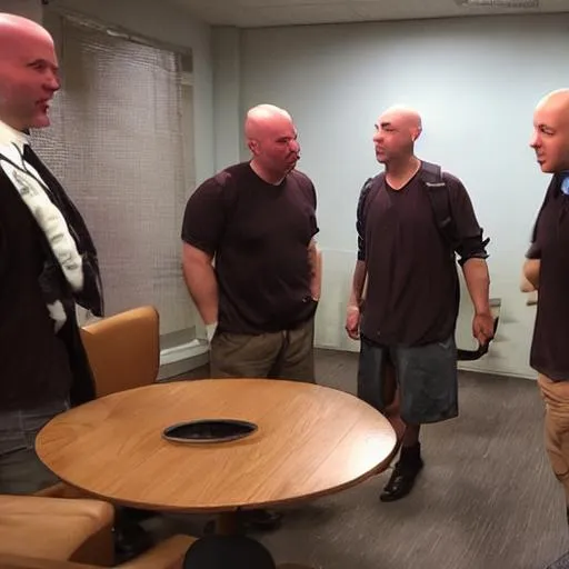 Prompt: bald people having a meeting about shrek

