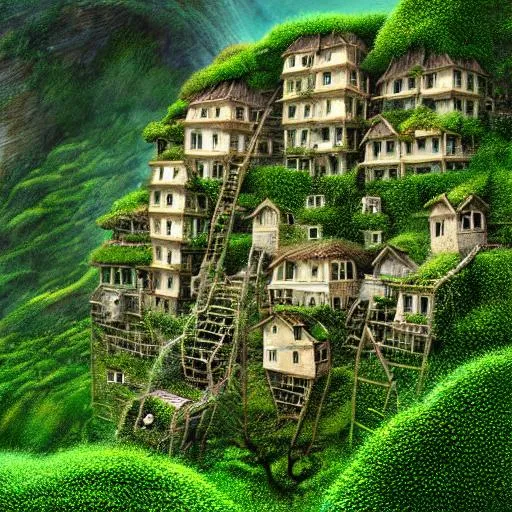 Prompt: Hyper realistic image of a mistical village of dwellings built on a cliff face, in between two mountains with lots of rope bridges and ladders to get between the dwellings. Lots of Green vegetation  surreal salvidor Dali impressionism, intricate, high detail, behance, microworlds smooth, macro sharp focus, centered