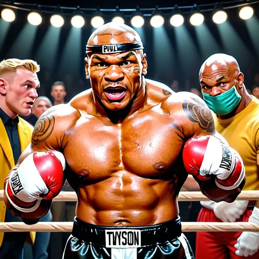 Prompt: A little person, Mike Tyson vs Jake Paul, Jake Paul pokes Mike Tyson in the eyes with two fingers, aggressive boxing stance, standing in a boxing ring, an excited audience in the background, stage performance, glistening muscles, detailed facial features, vibrant colors, photo realistic, Looney Toons style, audience, theatrical lighting, high quality, detailed muscles, stage setting, professional, animated shading, cartoon realism, detailed expression, muscle definition