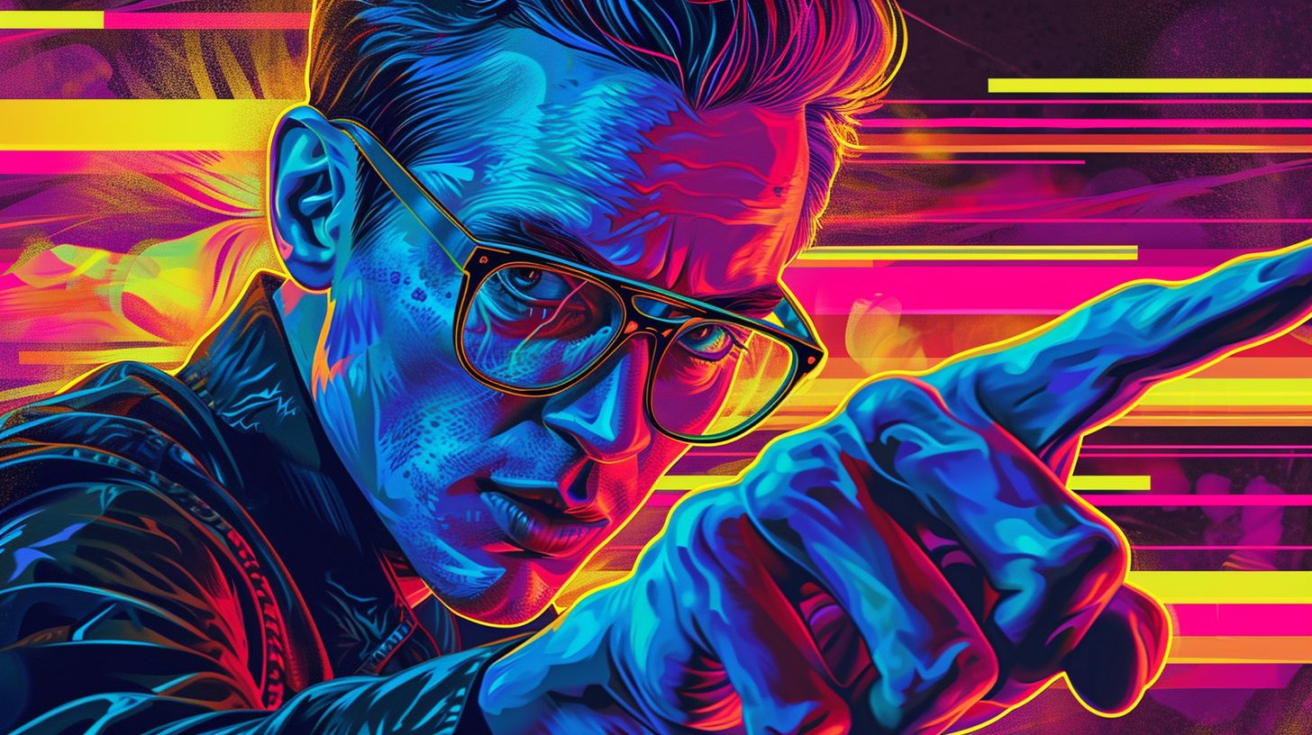 Prompt: a neon art image of a man pointing with his finger, in the style of synthwave, alex gross, golden age illustrations, 32k uhd, hyper-detailed illustrations, colorful, eye-catching compositions, luminous portraits