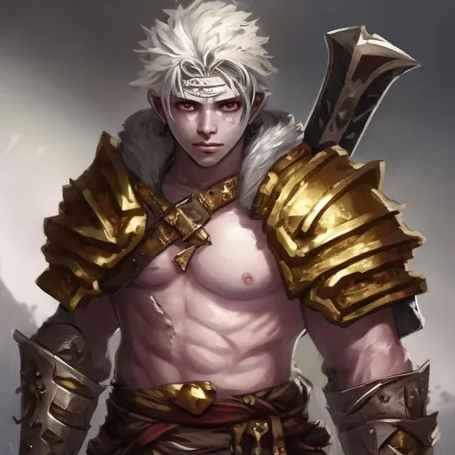 Prompt: cute young man gold,  very white scarred skin, covered in bandages, gold tattered cloth armor exposes his midriff, hood of magical mask like,  large gold gem between pecs in chest, Barbarian, Strong, wielding large two-handed great-axe, Fantasy setting, 20,