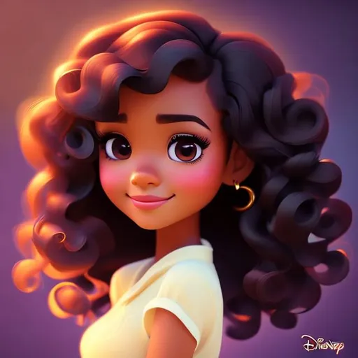 Prompt: Disney, Pixar art style, CGI, girl with muted light dark skin, dark eyes, long black curly hair, very pretty, solemn expression