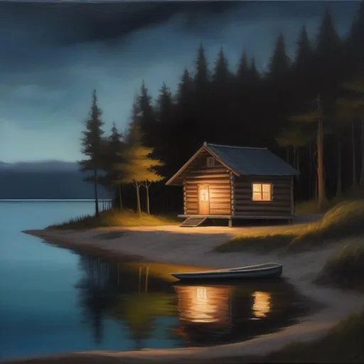 Prompt: Oil painting of a calm lake with a small wooden wooden house by the beach surrounded by a forest on all sides at night