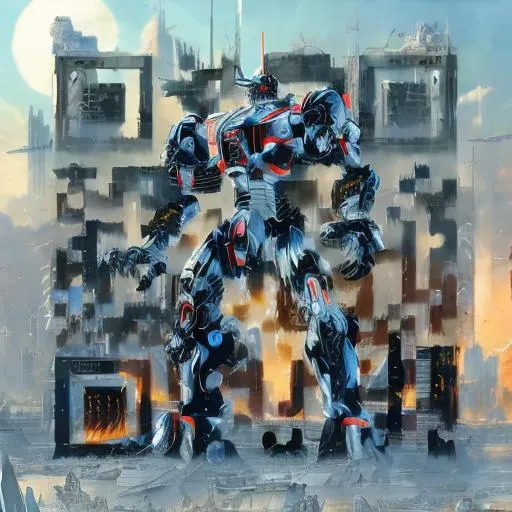 Prompt: masterpiece, best quality, mecha, no humans, black armor, blue eyes, science fiction, fire, laser canon beam, war, conflict, destroyed city background