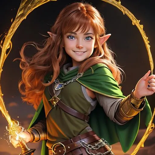 Prompt: oil painting, D&D fantasy, (23 years old) lightly tanned-skinned halfling girl, (tiny petite body), beautiful face, mischievous grin, long bright auburn with highlights hair, short small pointed ears, mischievous grin looking at the viewer, cleric wearing chain mail shirt with a dark green cloak and casting a holy elemental spell #3238, UHD, hd , 8k eyes, detailed face, big anime dreamy eyes, 8k eyes, intricate details, insanely detailed, masterpiece, cinematic lighting, 8k, complementary colors, golden ratio, octane render, volumetric lighting, unreal 5, artwork, concept art, cover, top model, light on hair colorful glamourous hyperdetailed medieval city background, intricate hyperdetailed breathtaking colorful glamorous scenic view landscape, ultra-fine details, hyper-focused, deep colors, dramatic lighting, ambient lighting god rays, flowers, garden | by sakimi chan, artgerm, wlop, pixiv, tumblr, instagram, deviantart