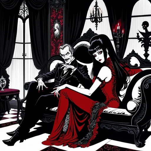 Prompt: Junji Ito manga style Black and White, Elvira Mistress of the Dark lying on her side on a Chaise Lounge with Vincent Price next her), baroque style, dark color scheme, elegantly gothic attire, intricate details, dim lighting, dramatic shadows, opulent background, luxurious textures, ornate furniture, deep reds and blacks, baroque patterns, solemn atmosphere, rich color tones, dark romanticism, ultra-detailed, 4K, photorealistic masterpiece, timeless elegance.