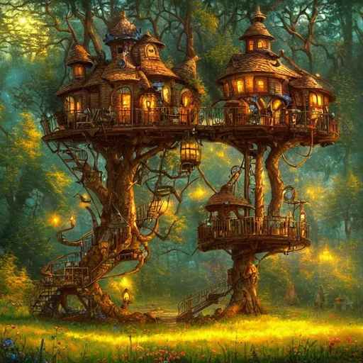 Prompt: a steampunk treehouse in a meadow by thomas kinkade, evening light, fantasy, artstation, illustration