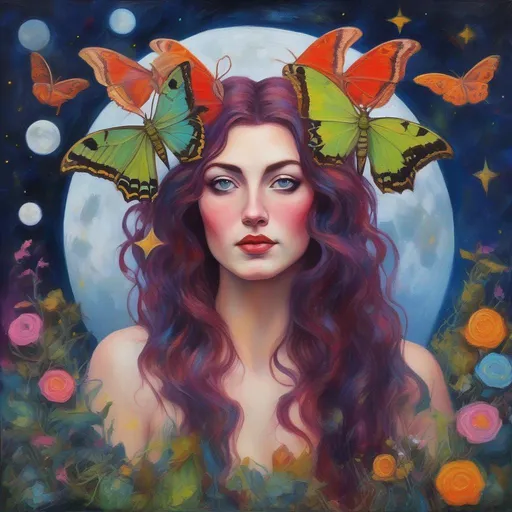 Prompt: A beautiful and colourful picture of Persephone with brunette hair and curled ram horns, and with light freckles, is surrounded by a single American Moon Moth, animals, moss and plants, framed by the moon and constellations, in an impressionistic colourful acrylic palette knife style.