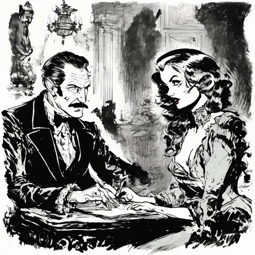 Prompt: (Vincent Price with a pencil thin mustache conversing with Bella Lugosi), Black and White pen and ink sketch style, dark color scheme, elegantly gothic attire, intricate details, dim lighting, dramatic shadows, opulent background, luxurious textures, ornate furniture, deep reds and blacks, baroque patterns, solemn atmosphere, rich color tones, dark romanticism, ultra-detailed, 4K, photorealistic masterpiece, timeless elegance.