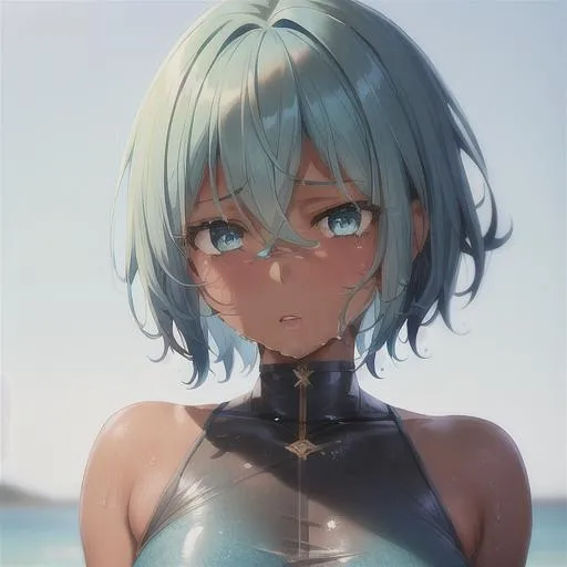 Prompt: Beautiful portrait of girl, perfect body, short blue hair, green eyes, brown skin, cute, face, wet, highly detailed, hd, 4k, 8k, {{frustrated expression}}